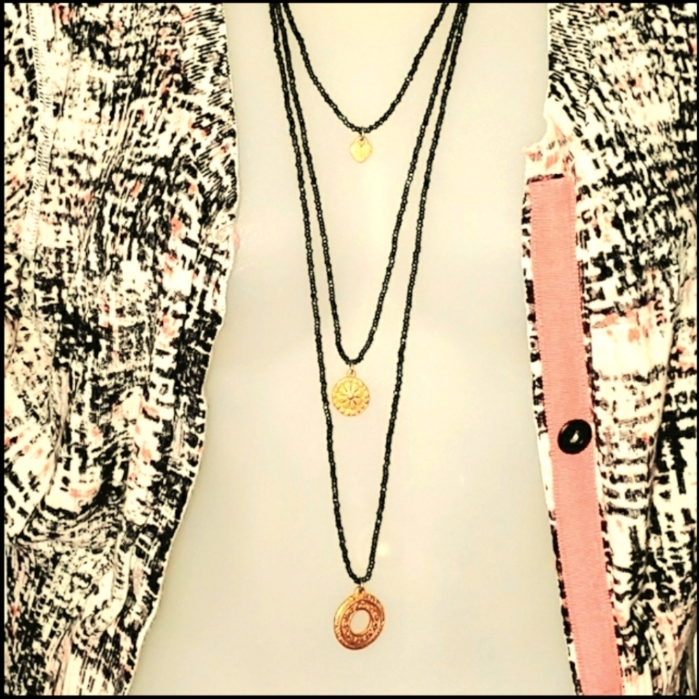 Green & Black Beaded Charm Necklace 3 Layred Link Chain Strands Longest is 34"